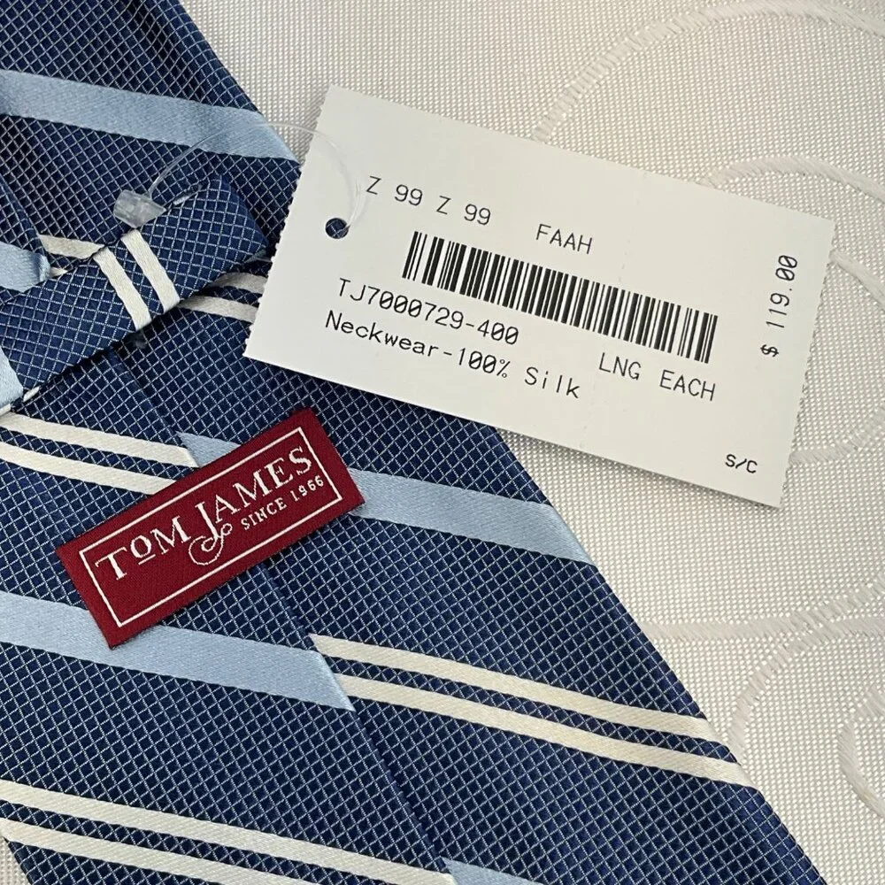 Tom James Long Blue Striped 100% Silk Necktie Navy, Light Blue & White‎ Diagonal